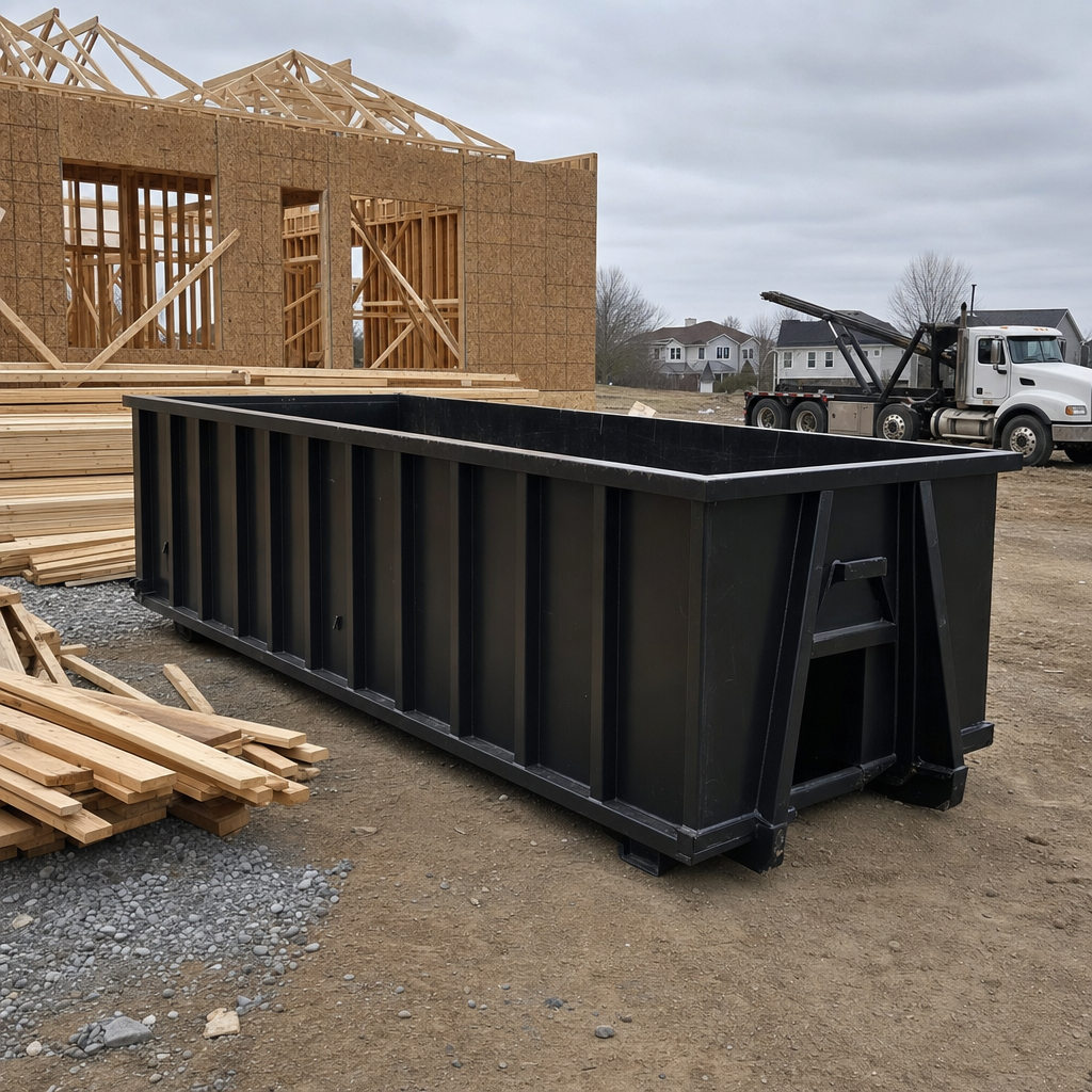 Matte-black 40-yard roll-off dumpster staged on a framed-out residential construction site in Arlington Heights, framing lumber stacked nearby, hooklift delivery truck visible in the background under bright Colorado daylight