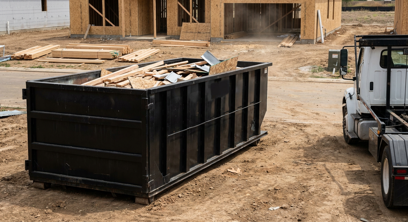Matte-black 20-yard roll-off construction dumpster with heavy ribbed steel sidewalls and swing rear doors at a working jobsite in Arlington Heights, sitting directly on compacted dirt with an unmarked white hauler partially visible at the far edge of the frame.