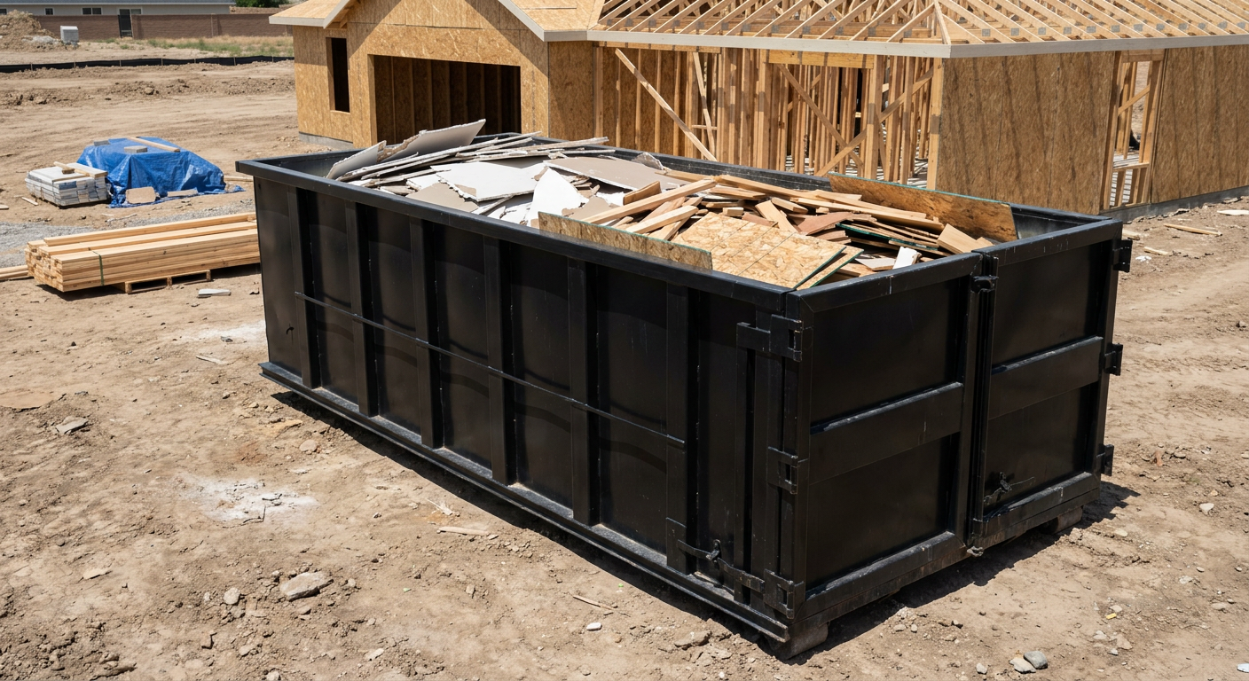Matte-black 30-yard roll-off construction dumpster sitting directly on the compacted-dirt site of a framed single-family home build in Arlington Heights, drywall and lumber scrap loaded inside.
