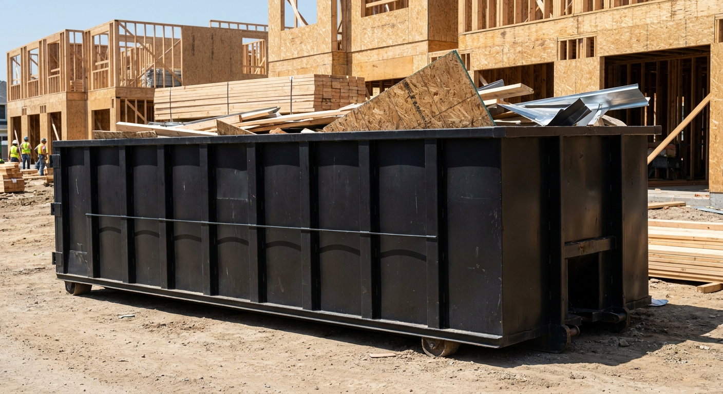 Matte-black 40-yard roll-off construction dumpster being lowered from a white-cab hooklift delivery truck onto the compacted-dirt jobsite at a commercial build site in Arlington Heights