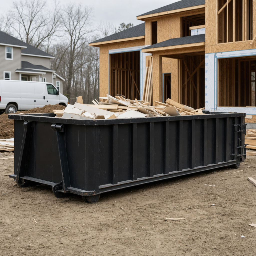 Worker in a yellow high-visibility vest tossing framing lumber and broken drywall into a matte-black 30-yard construction roll-off dumpster on an active build site in Arlington Heights, bright daylight