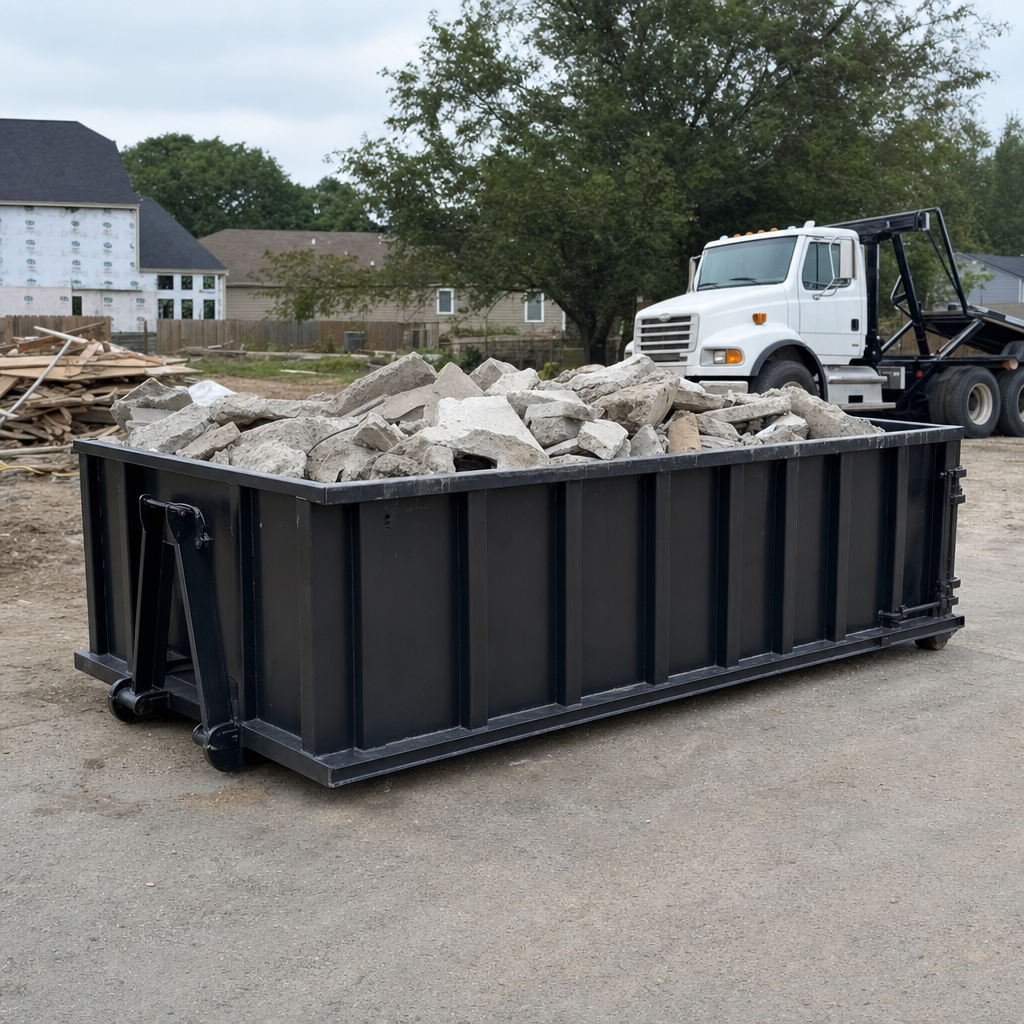 Low-profile matte-black lowboy roll-off dumpster loaded with broken concrete slab and rebar at a foundation tear-out in Arlington Heights, skid steer parked beside it, sunny Colorado morning