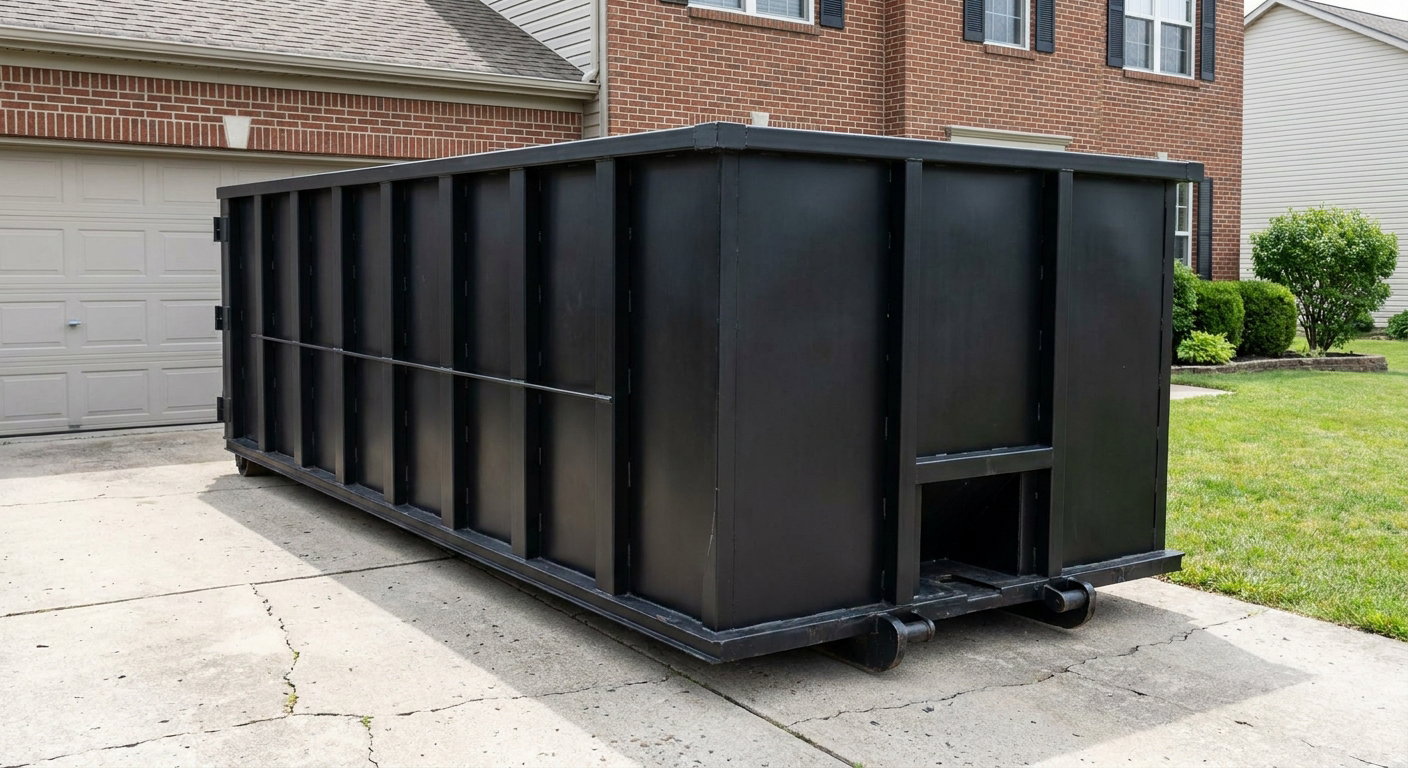 Matte-black 20-yard roll-off container on a Arlington Heights residential concrete driveway with reinforced ribbed steel sidewalls and a hinged rear walk-in door, clean bright daylight.
