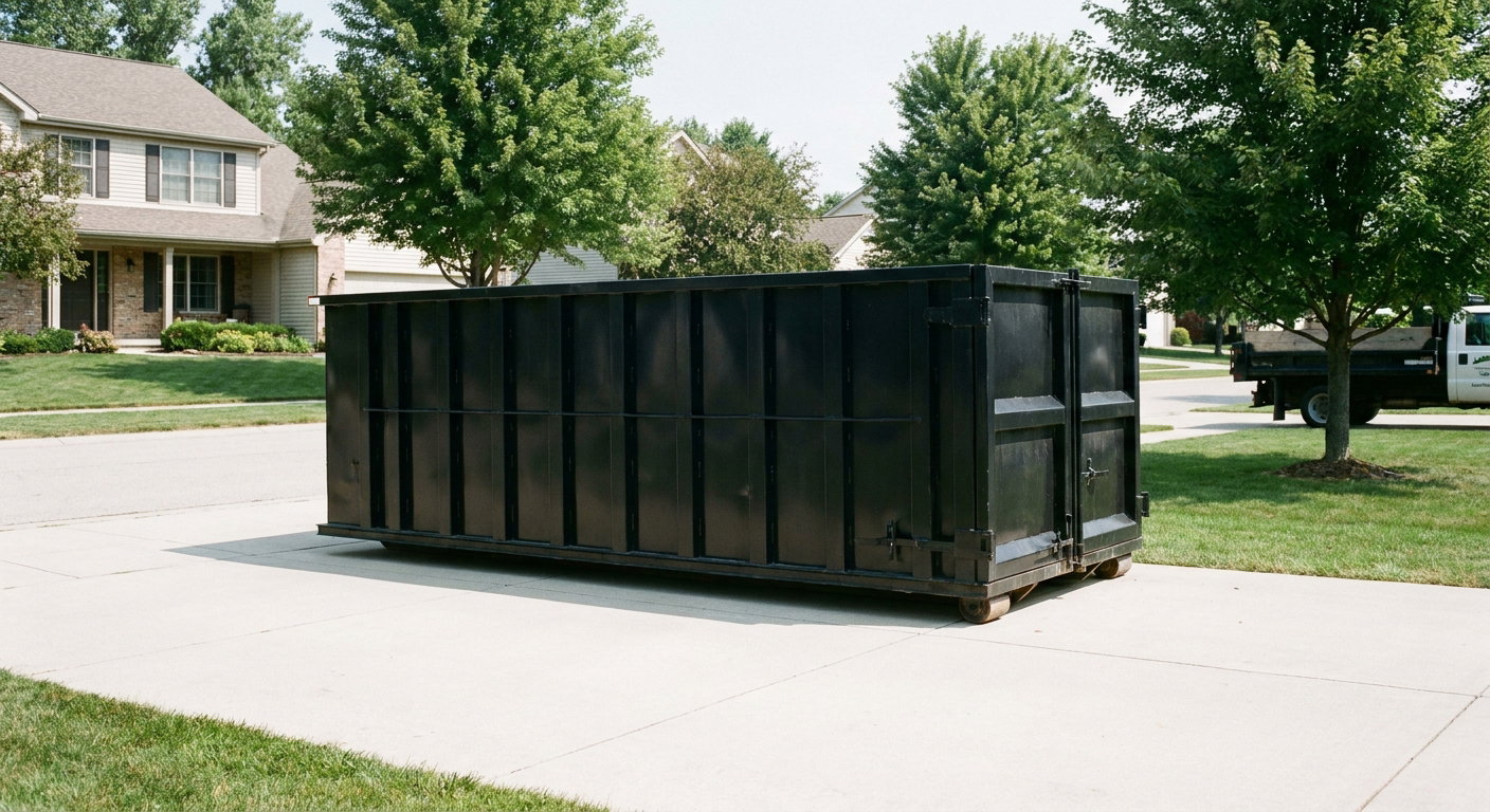 Matte-black 20-yard roll-off dumpster sitting level on a clean Arlington Heights residential concrete driveway under bright daylight, demonstrating clean placement directly on the concrete.