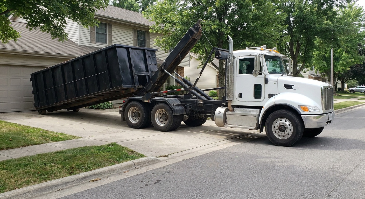 White-cab hooklift roll-off truck actively lowering a matte-black dumpster onto a Arlington Heights residential concrete driveway, the dumpster's rear wheels touching the driveway as the hoist arm tilts the bed forward, mid-morning daylight.