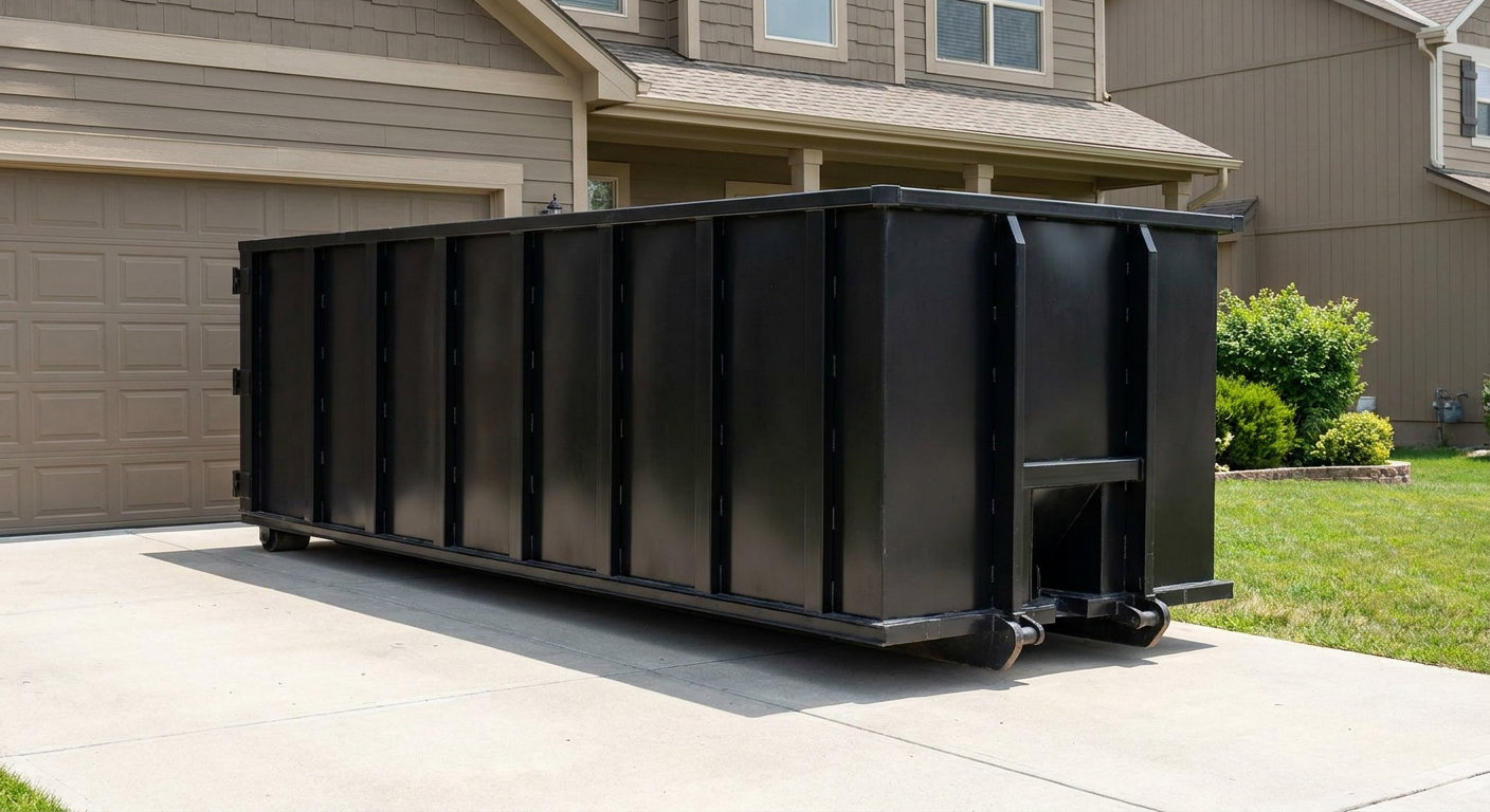 Matte-black residential roll-off dumpster sitting directly on a suburban Arlington Heights concrete driveway, garage door closed, single-family home in background, bright morning daylight.
