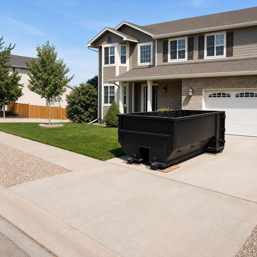 10-yard matte-black residential dumpster placed directly on a narrow Arlington Heights concrete driveway, room remains for a parked sedan beside it, mid-morning natural light