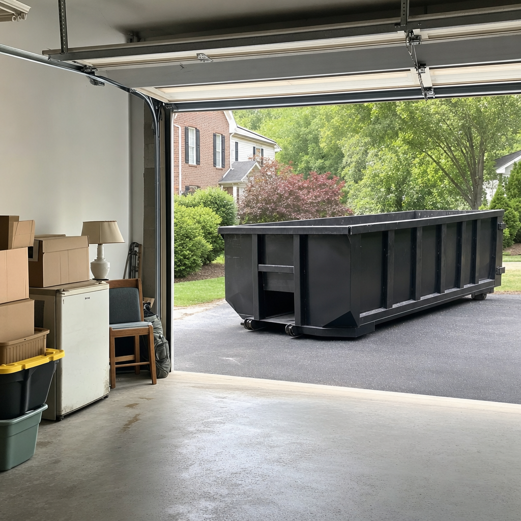 Open garage interior in a Arlington Heights home mid-cleanout — boxed items, an old appliance, and stacked yard tools queued near the driveway for a matte-black roll-off dumpster, organized and calm