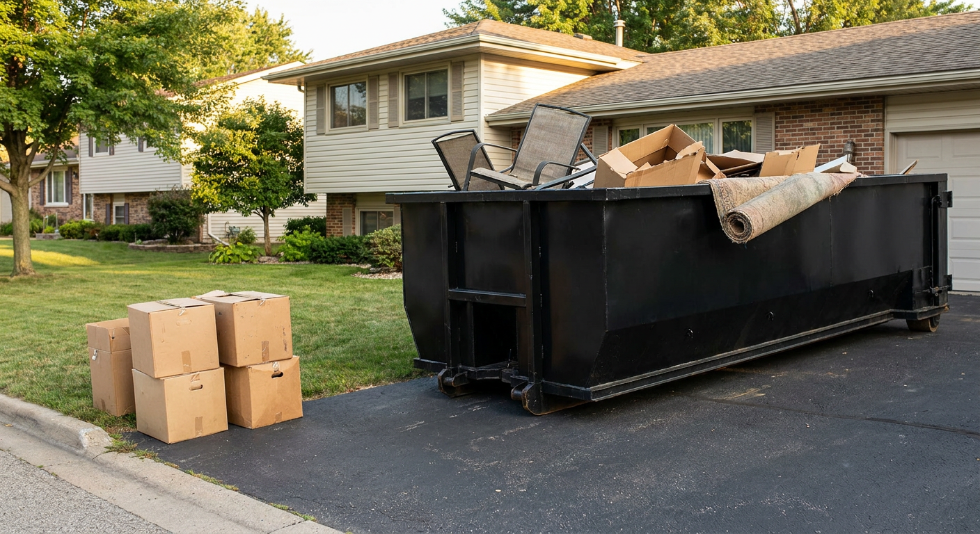Front-yard view of a Arlington Heights split-level home with a 20-yard matte-black roll-off dumpster sitting directly on the asphalt driveway, a few clearly labeled donation boxes staged at the curb, calm sunny afternoon.