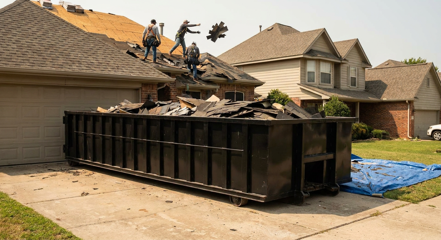 Matte-black roofing roll-off dumpster placed directly on a Arlington Heights residential concrete driveway, a tear-off crew on a two-story asphalt-shingle roof tossing shingle bundles into the low-walled container, bright daylight, documentary 35mm perspective.