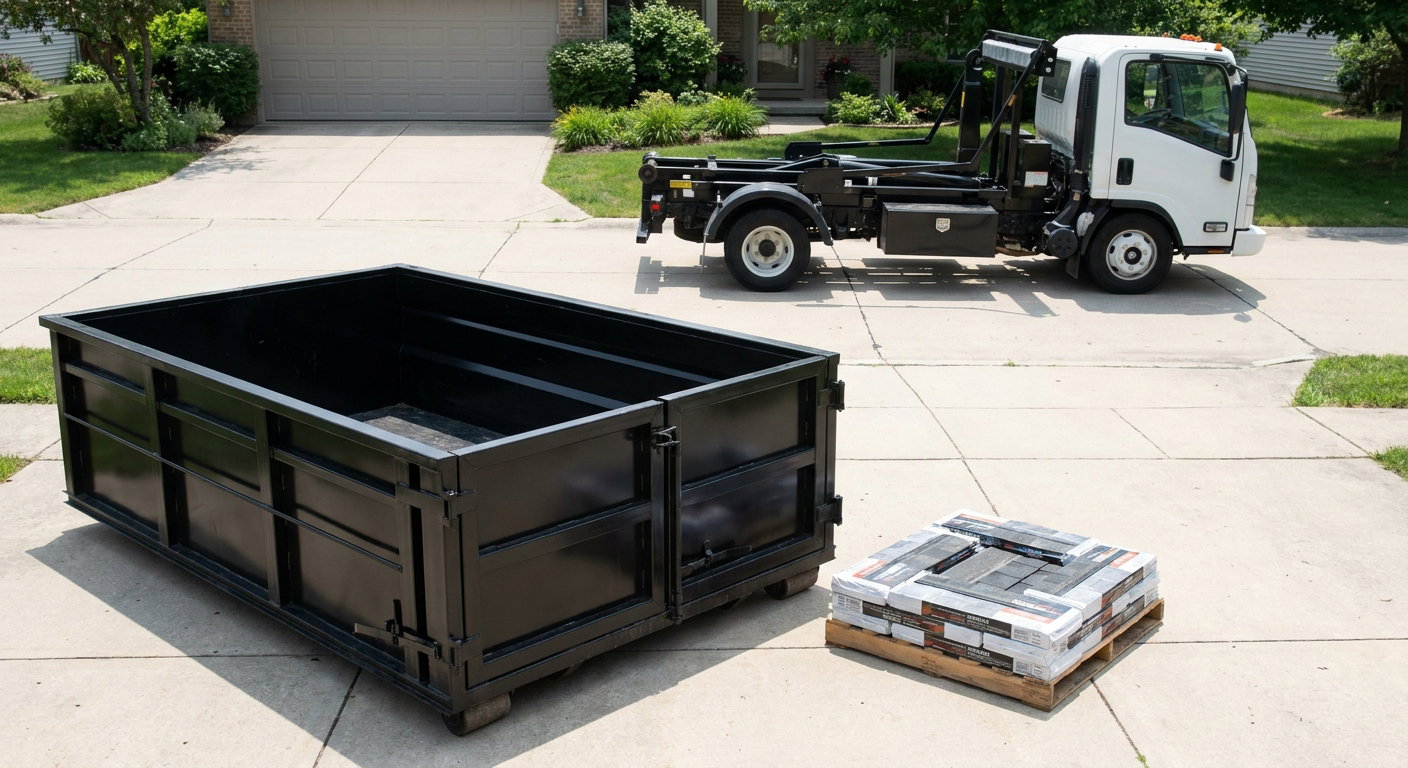 Matte-black 15-yard roofing roll-off dumpster with reinforced low side walls sitting directly on a Arlington Heights residential concrete driveway, three-tab asphalt shingle bundles stacked nearby, an unmarked white hauler truck partially visible at the edge of the frame.