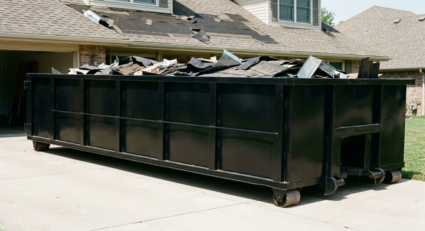 Matte-black 20-yard roofing roll-off dumpster with steel ribbed sides and swinging rear door, sitting directly on the concrete driveway of a two-story Arlington Heights home, asphalt shingle debris being loaded over the low wall, clean documentary lighting.