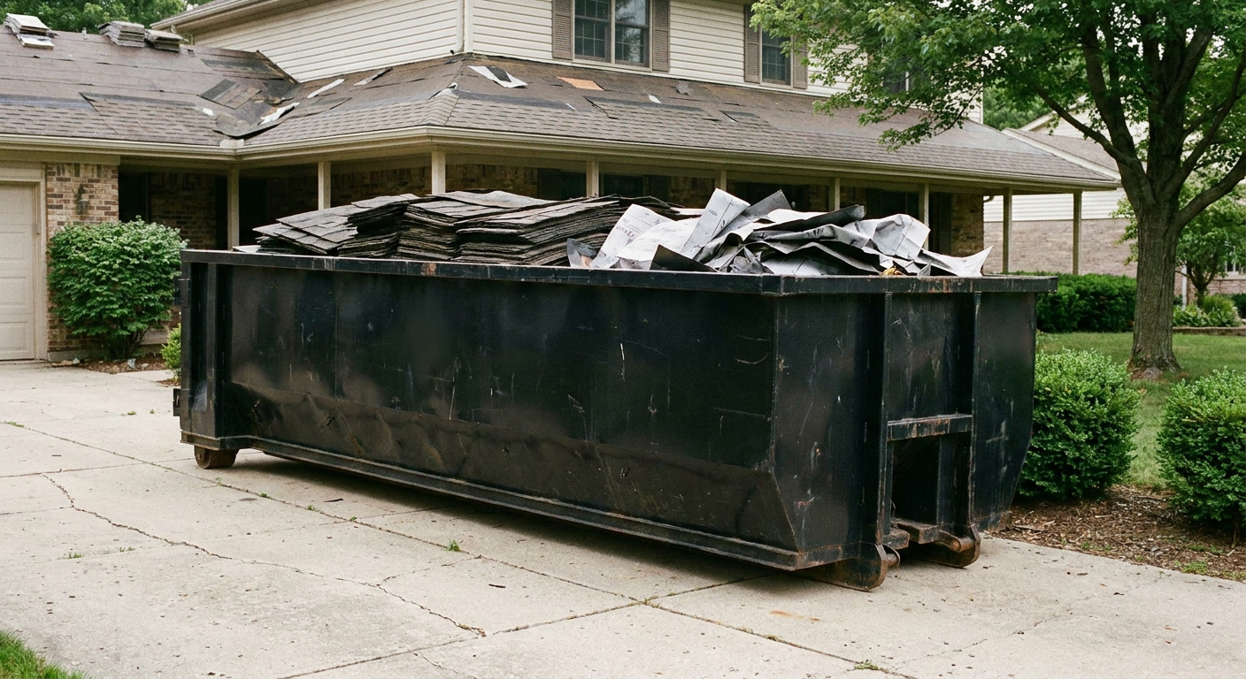Matte-black 30-yard roofing roll-off dumpster sitting directly on a Arlington Heights concrete driveway, taller ribbed steel side panels, mixed tear-off debris of asphalt shingles and underlayment inside, professional documentary daylight.