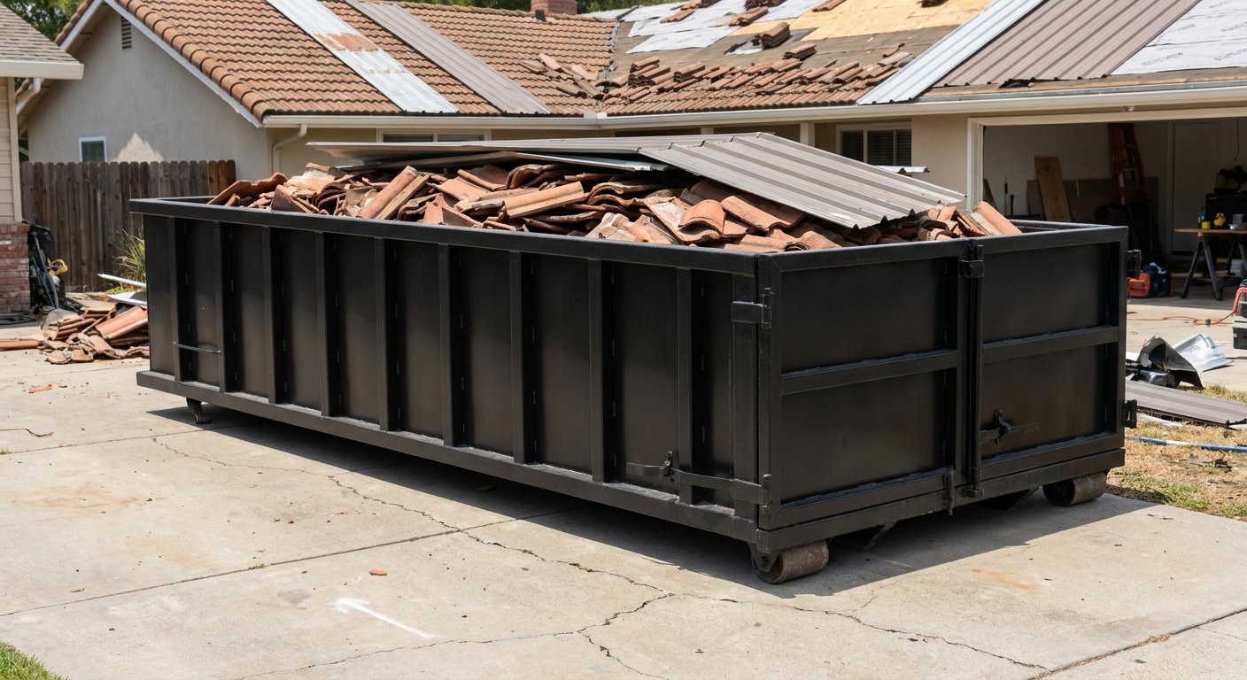 Matte-black low-wall heavy-debris roofing roll-off dumpster sitting directly on a Arlington Heights concrete driveway, broken concrete clay roof tiles and metal panel sections loaded inside, reinforced ribbed steel side walls visible, bright outdoor daylight.