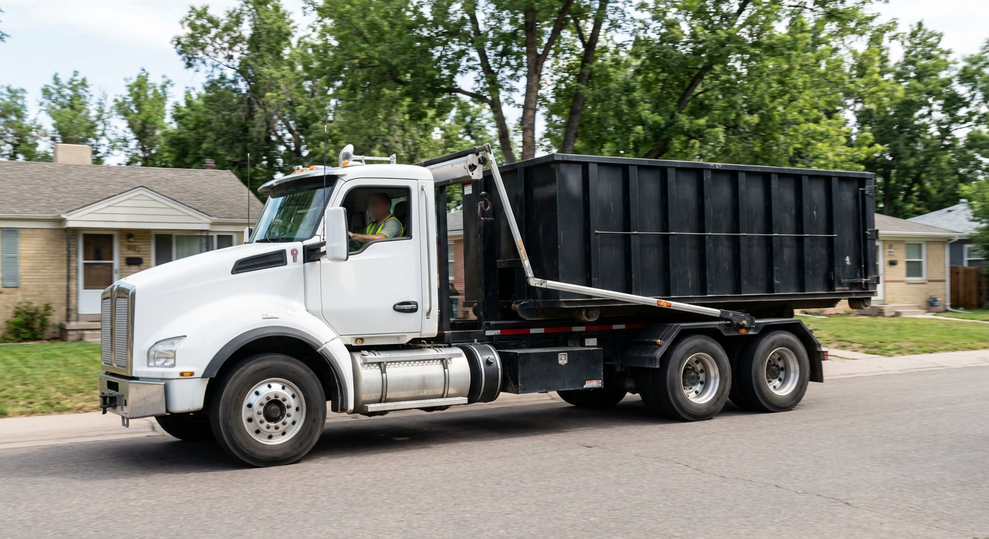 A wide documentary shot of a matte-black roll-off delivery truck pulling onto a quiet Arlington Heights residential street at mid-morning, with neighborhood rooftops and tree-lined blocks visible behind, showing the metro coverage footprint.