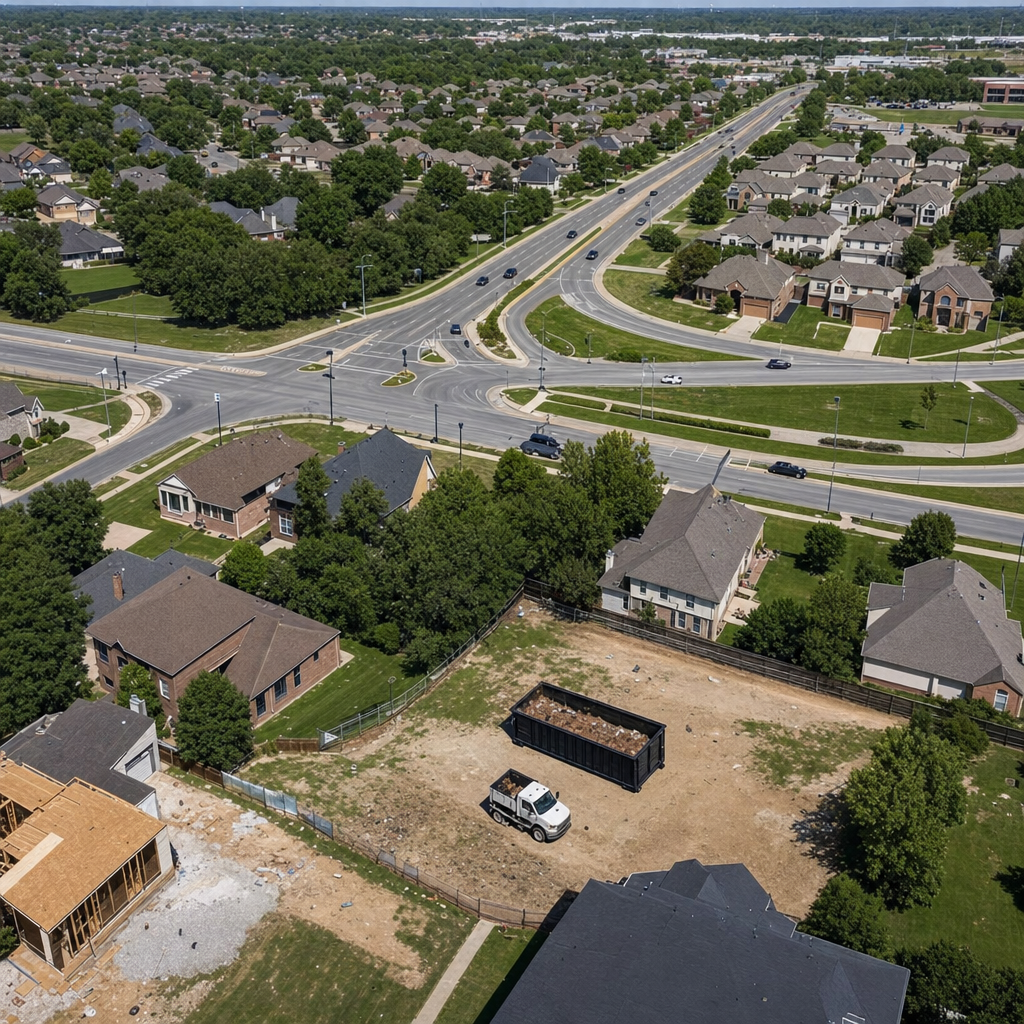 An overhead documentary view of the Arlington Heights metro area at midday, showing the spread of neighborhoods, arterial roads, and the dispatch radius from a central yard — clean daylight, organized geographic layout.