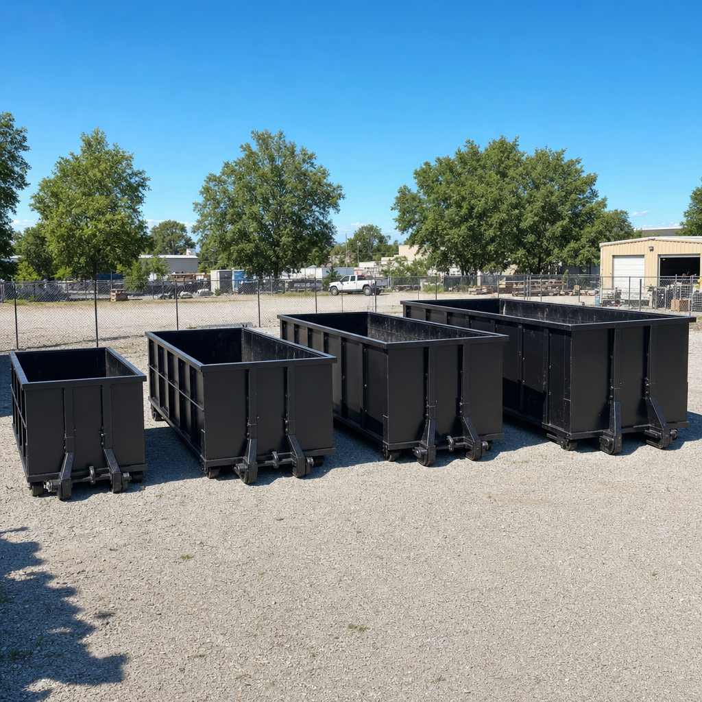 A clean lineup of matte-black roll-off dumpsters in 10, 20, 30, and 40-yard sizes staged on a sunlit gravel yard in Arlington Heights, showing the size progression from compact to commercial-scale containers.