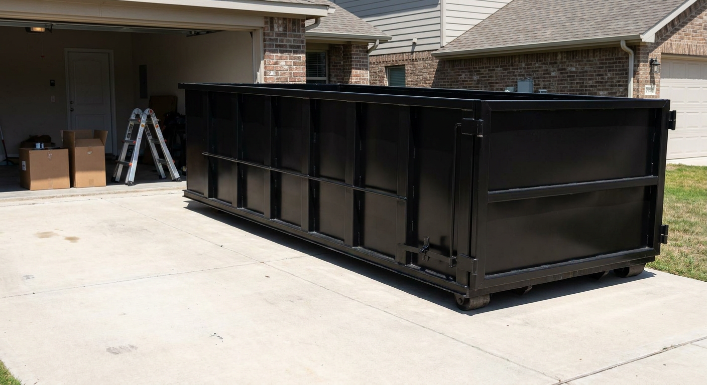 A matte-black 10-yard roll-off dumpster sitting directly on a residential Arlington Heights concrete driveway, mid-day sunlight, clean and ready for a garage cleanout.