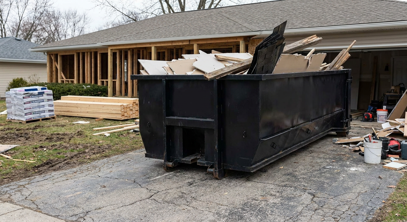 A matte-black 20-yard roll-off dumpster placed alongside a mid-renovation Arlington Heights home directly on the asphalt driveway, with framing materials and torn-off shingles staged neatly nearby.