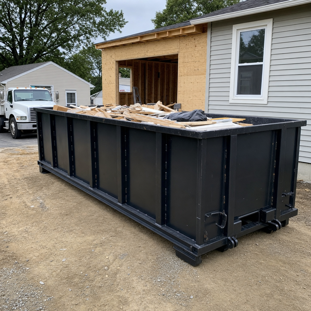 A matte-black 30-yard roll-off dumpster positioned at a Arlington Heights residential addition jobsite, with framing lumber and drywall scraps loaded through the open swinging rear doors.