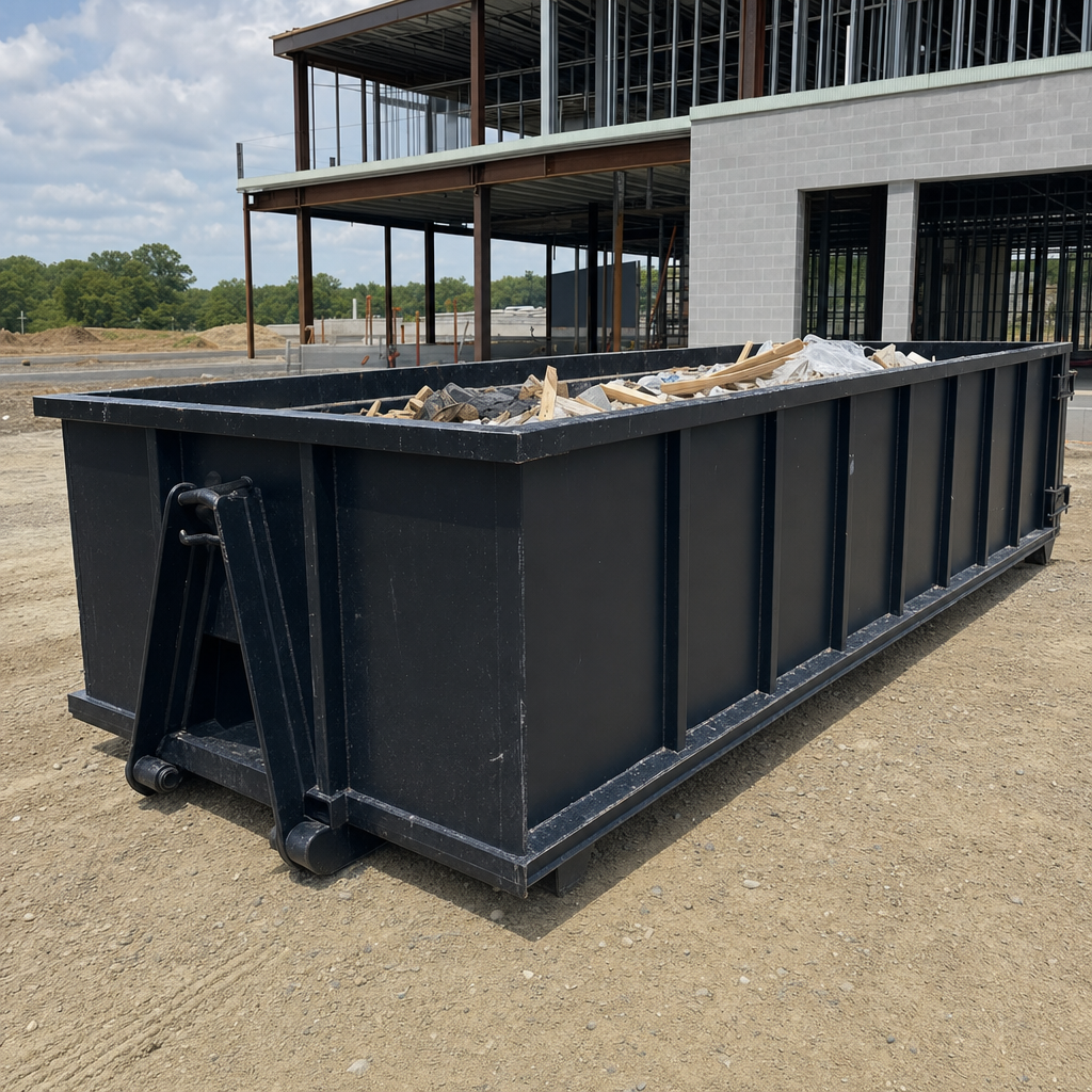 A matte-black 40-yard roll-off dumpster staged on a large Arlington Heights commercial construction lot, with a hooklift delivery truck parked alongside under bright midday sky.