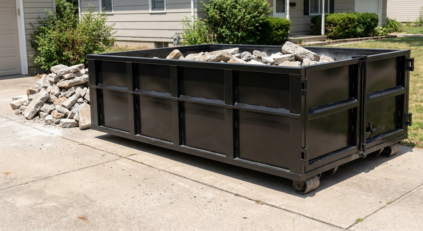 A matte-black low-side heavy-debris roll-off dumpster placed directly on a Arlington Heights concrete driveway, with broken concrete chunks neatly stacked beside it under clean daylight.
