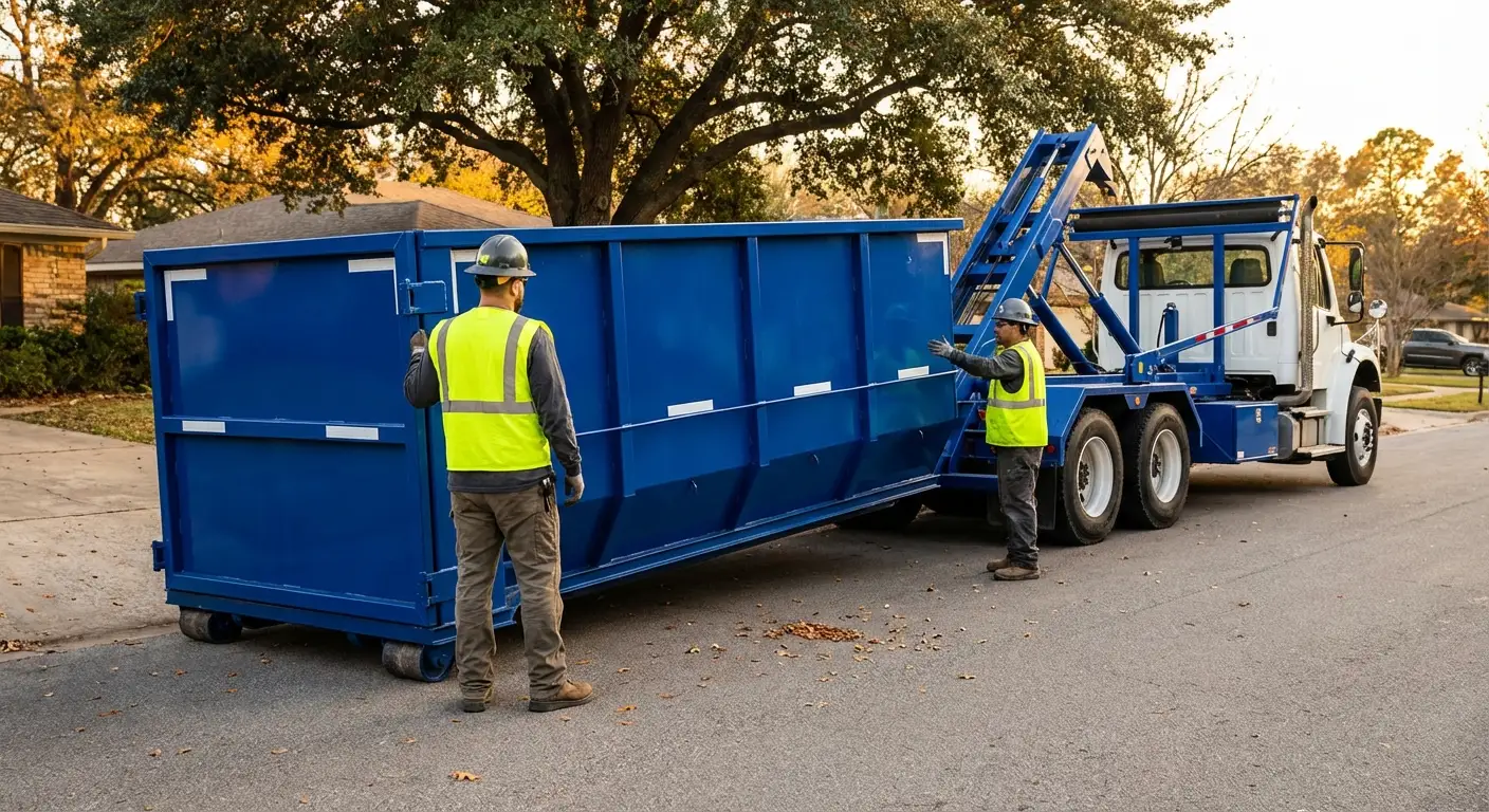Roll-off dumpster delivery truck in operation in Arlington Heights, IL
