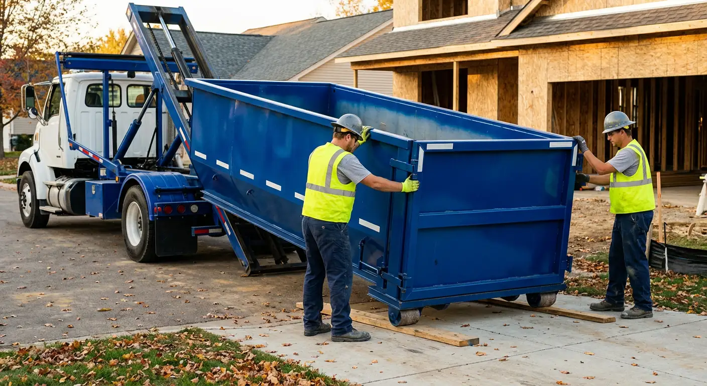 Roll-off dumpster delivery truck in residential area in Arlington Heights, IL