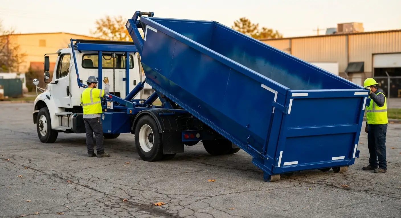 Roll-off dumpster rental truck protecting driveway surfaces in Arlington Heights, IL