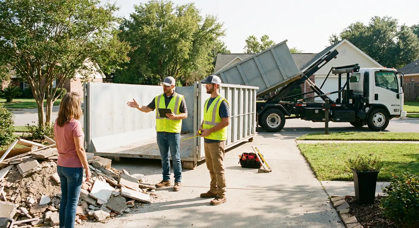 The Heights Dumpster Co. dumpster delivery truck in Arlington Heights, IL